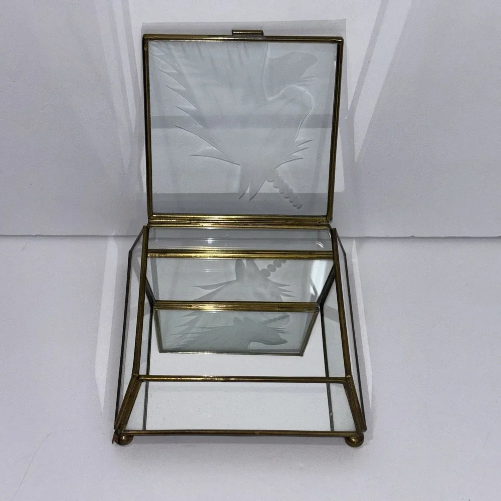 Vtg Brass w/ Etched UNICORN Glass Lid & Mirror Hinged Curio Jewelry Trinket Box